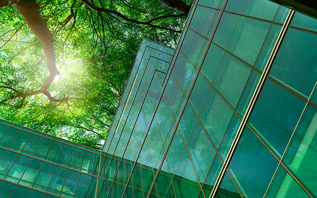 A modern glass building in a forest