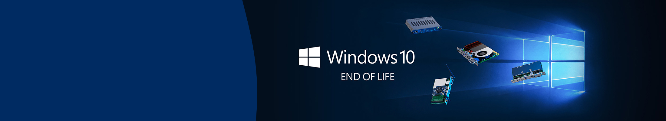 Four compute modules flying through a blue window