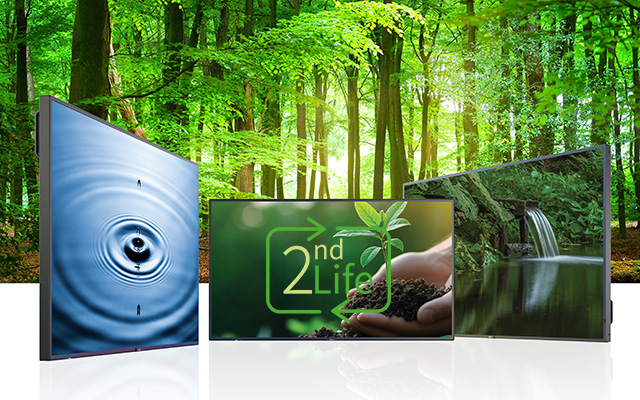 Three screens showing scenes of nature in front of a forest