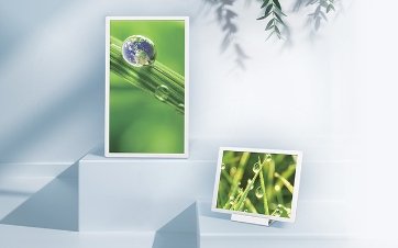 Two ePaper displays show natural images against a white backdrop
